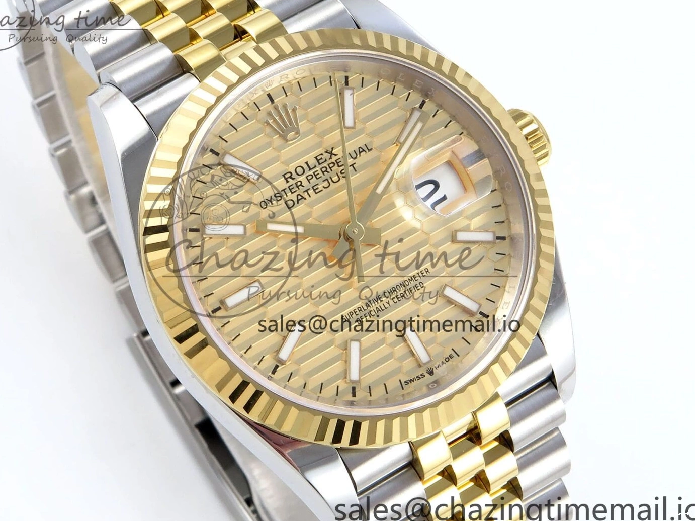 Best Stick YG 126233 EWEF SS on Textured Jubilee A3235 Bracelet 36 Marker YG Edition DateJust Dial 0510